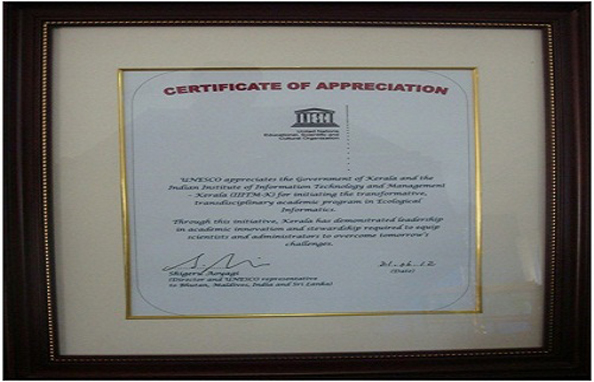 Plaque of UNESCO Appreciation for Ecological Informatics